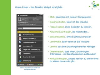 Unser Ansatz – das Desktop Widget, ermöglicht.. Kann in Aussehen und Inhalt Frei konfiguriert werden Mich , bewerben mit meinen Kompetenzen  Experten finden , wenn ich Sie brauche Fragen stellen , ohne  Experten zu kennen.. Antworten auf Fragen , die mich finden... Wissenswertes  , ohne Suchen zu müssen Lerninhalte , dann wenn ich Sie  brauche Lernen , aus den Erfahrungen meiner Kollegen Demokratisch , über Ideen, Erfahrungen,    Interessen… mit Gleichgesinnten austauschen Kontakte knüpfen , andere kennen zu lernen ohne    zu wissen das es sie gibt.. 