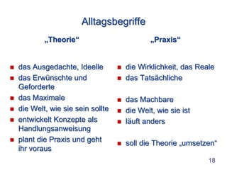 Alltagsbegriffe
            „Theorie“                           „Praxis“


   das Ausgedachte, Ideelle           die Wirklichkeit, das Reale
   das Erwünschte und                 das Tatsächliche
    Geforderte
   das Maximale                       das Machbare
   die Welt, wie sie sein sollte      die Welt, wie sie ist
   entwickelt Konzepte als            läuft anders
    Handlungsanweisung
   plant die Praxis und geht          soll die Theorie „umsetzen“
    ihr voraus
                                                                 18
 