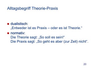 Alltagsbegriff Theorie-Praxis


   dualistisch:
    „Entweder ist es Praxis – oder es ist Theorie.“
   normativ:
    Die Theorie sagt: „So soll es sein!“
    Die Praxis sagt: „So geht es aber (zur Zeit) nicht“.




                                                    20
 