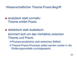 Wissenschaftlicher Theorie-Praxis-Begriff


   analytisch statt normativ:
    Theorie erklärt Praxis

   dialektisch statt dualistisch:
    kümmert sich um das Verhältnis zwischen
    Theorie und Praxis
    Prozessverständnis statt statisches Stillbild
    Theorie-Praxis-Prozesse selbst werden wieder in die
     Erklärungsmodelle zurückgespeist.

                                                       22
 