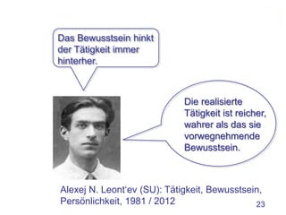 Das Bewusstsein hinkt
der Tätigkeit immer
hinterher.



                             Die realisierte
                             Tätigkeit ist reicher,
                             wahrer als das sie
                             vorwegnehmende
                             Bewusstsein.



Alexej N. Leont‘ev (SU): Tätigkeit, Bewusstsein,
Persönlichkeit, 1981 / 2012                   23
 