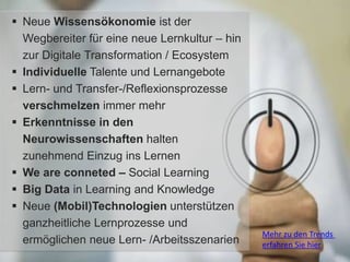 Neue Wissensökonomie ist der
Wegbereiter für eine neue Lernkultur – hin
zur Digitale Transformation / Ecosystem
 Individuelle Talente und Lernangebote
 Lern- und Transfer-/Reflexionsprozesse
verschmelzen immer mehr
 Erkenntnisse in den
Neurowissenschaften halten
zunehmend Einzug ins Lernen
 We are conneted – Social Learning
 Big Data in Learning and Knowledge
 Neue (Mobil)Technologien unterstützen
ganzheitliche Lernprozesse und
ermöglichen neue Lern- /Arbeitsszenarien
Mehr zu den Trends
erfahren Sie hier
 