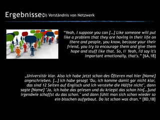 Ergebnisse:(3) Verständnis von Netzwerk
„Universitär klar. Also ich habe jetzt schon des Öfteren mal hier [Name]
angeschrieben. […] Ich habe gesagt "Du, ich komme damit gar nicht klar,
das sind 12 Seiten auf Englisch und ich verstehe die Hälfte nicht", dann
sagte [Name] "Ja, ich habe das gelesen und du kriegst das schon hin[…]und
irgendwie schaffst du das schon." und dann fühlt man sich schon wieder so
ein bisschen aufgebaut. Da ist schon was dran.“ [8D,18]
“Yeah, I suppose you can […] Like someone will put
like a problem that they are having in their life on
there and people, you know, because your their
friend, you try to encourage them and give them
hope and stuff like that. So, I/ Yeah, I'd say it's
important emotionally, that's.” [6A,18]
 