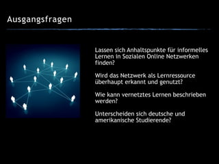 Ausgangsfragen
Lassen sich Anhaltspunkte für informelles
Lernen in Sozialen Online Netzwerken
finden?
!
Wird das Netzwerk als Lernressource
überhaupt erkannt und genutzt?
!
Wie kann vernetztes Lernen beschrieben
werden?
!
Unterscheiden sich deutsche und
amerikanische Studierende?
 