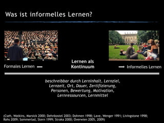 Was ist informelles Lernen?
Lernen als
Kontinuum Informelles LernenFormales Lernen
beschreibbar durch Lerninhalt, Lernziel,
Lernzeit, Ort, Dauer, Zertifizierung,
Personen, Bewertung, Motivation,
Lernressourcen, Lernmittel
(Cseh, Watkins, Marsick 2000; Dehnbostel 2003; Dohmen 1998; Lave, Wenger 1991; Livingstone 1998;
Rohs 2009; Sommerlad, Stern 1999; Straka 2000; Overwien 2005, 2009)
 