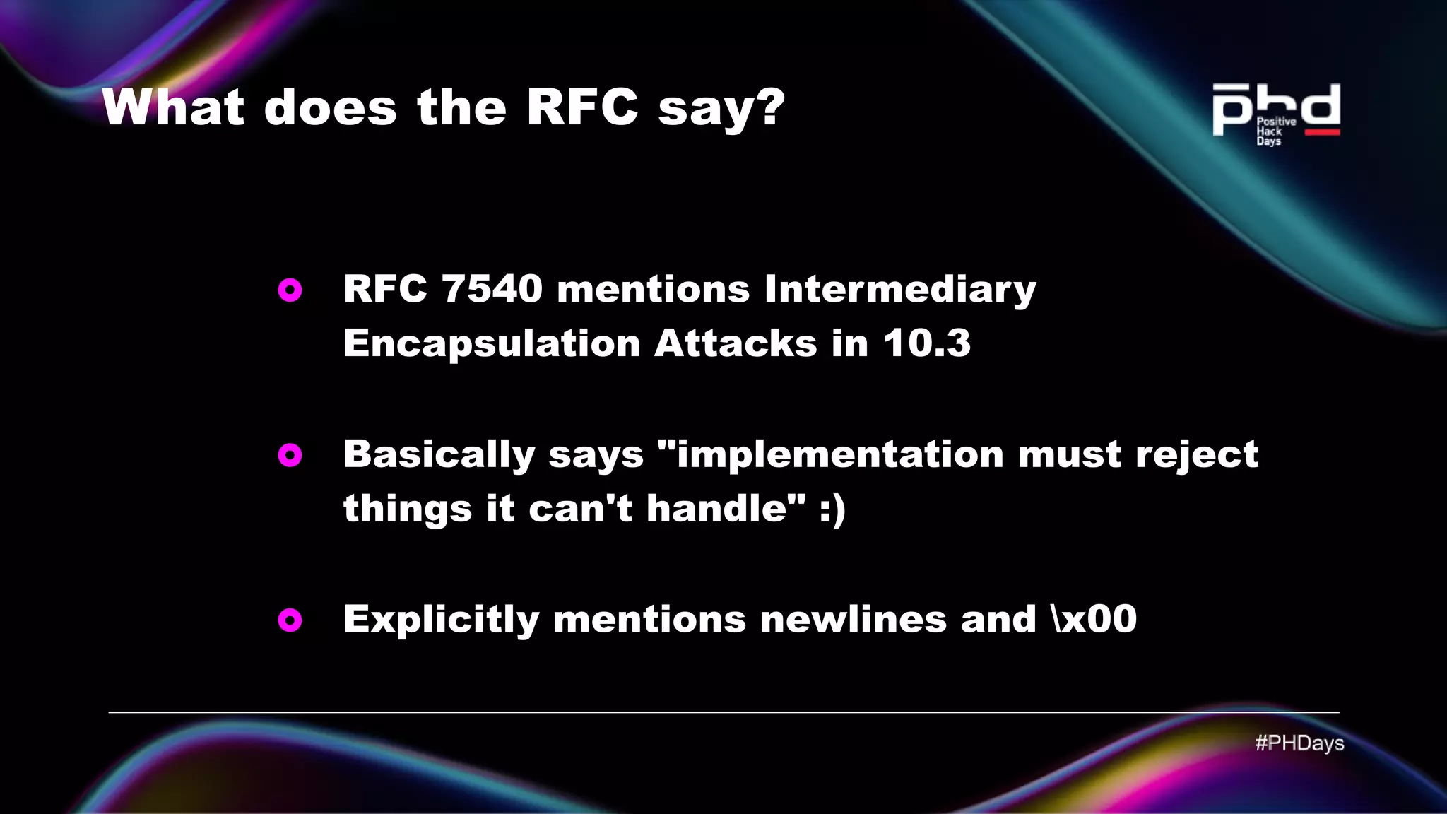 What does the RFC say? RFC 7540 mentions Intermediary Encapsulation Attacks in 10.3 Basically says "implementation must reject things it can't handle" :) Explicitly mentions newlines and x00 