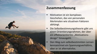 28
Zusammenfassung
 Motivation ist ein komplexes
Geschehen, das von personalen
Merkmalen wie situativen Faktoren
abhängt.
 Die Selbstbestimmungstheorie gibt uns
einen Orientierungsrahmen, der über
ein effektorientiertes „Motivations-
design“ hinausgeht.
 Den Weg zum selbstbestimmten Lernen
kennzeichnet ein Spannungsverhältnis,
aber er ist alternativlos.
 