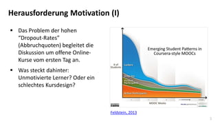 3
Herausforderung Motivation (I)
 Das Problem der hohen
“Dropout-Rates”
(Abbruchquoten) begleitet die
Diskussion um offene Online-
Kurse vom ersten Tag an.
 Was steckt dahinter:
Unmotivierte Lerner? Oder ein
schlechtes Kursdesign?
Feldstein, 2013
 