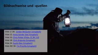 30
Bildnachweise und -quellen
Slide 1/ 28: Jordan McQueen (Unsplash)
Slide 12: Anna Vander Stel (Unsplash)
Slide 15: Chris Potter (Flickr, CC BY 2.0)
Slide 18: Chris Brignola (Unsplash)
Slide 24: Austin Ban (Unsplash)
Slide 29/ 30: I'm Priscilla (Unsplash)
 