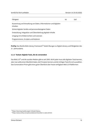 lernOS für Dich Leitfaden Version 1.6 (31.03.2020)
Fähigkeit Ist Soll
Auswertung und Verwaltung von Daten, Informationen und digitalen
Inhalten
Schutz digitaler Geräte und personenbezogener Daten
Entwicklung, Integration und Überarbeitung digitaler Inhalte
Umgang mit Urheberrechten und Lizenzen
Programmieren, Scripten und Kodieren
ProTip: Das Mozilla Web Literacy Framework15 bietet Übungen zu Digital Literacy und Fähigkeiten des
21. Jahrhunderts.
2.2.3 Toolset: Digitale Tools, die du verwendest
Das Web 2.016 und die sozialen Medien gibt es seit 2005. Nicht jeder muss alle digitalen Tools kennen,
abermansollteeinenÜberblickhaben,diePrinzipienkennenunddierichtigenToolsfürsichauswählen.
Das Conversation Prism gibt einen guten Überblick über heute verfügbare Web 2.0 Plattformen:
15
https://learning.mozilla.org/en-US/web-literacy
16
https://www.oreilly.com/pub/a/web2/archive/what-is-web-20.html
Simon Dückert 12
 