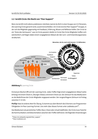 lernOS für Dich Leitfaden Version 1.6 (31.03.2020)
2.3 lernOS Circle: Die Macht von “Peer Support”
Wenn du lernOS nicht alleine praktizieren möchtest, kannst du Dich in einer Gruppe von 4-5 Personen,
die Learning Circle genannt wird, zusammenschließen. Ein Circle ist eine Peer Support18 Gruppe, in
der sich die Mitglieder gegenseitig mit Feedback, Erfahrung, Wissen und Reflexion helfen. Der Circle ist
ein “Kreis des Vertrauens”: was im Circle passiert, bleibt im Circle! Die Circle-Mitglieder treffen sich
wöchentlich und folgen dabei einem vorgegebenen Ablauf, der den Lern- und Entwicklungsprozess
strukturiert.
Abbildung 7: Learning Circle
Einmal pro Woche trifft sich der Learning Circle. Jedes Treffen folgt einem vorgegebenen Ablauf (siehe
Anhang) mit einem Check-in, Übungen (Katas) und einem Check-out. Der Zeitraum für das Weekly kann
an die Bedürfnisse der Circle-Mitglieder angepasst werden. Der vorgeschlagene Zeitraum ist Freitag
zwischen 11-12 Uhr.
ProTip: Kata ist anderes Wort für Übung. Es kommt aus dem Bereich des Erlernens von Programmier-
Fähigkeiten im Peer-Learning-Format. Lies mehr über dieses Format unter codekata.com19.
DasWeeklykannalspersönlichesTreffen(face-2-face)odervirtuellstattfinden.DerCirclemussToolsfür
die Kommunikation und Dokumentation zwischen den Treffen definieren. Die folgenden Anwendungen
18
https://en.wikipedia.org/wiki/Peer_support
19
http://codekata.com
Simon Dückert 14
 
