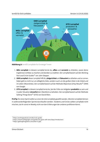 lernOS für Dich Leitfaden Version 1.6 (31.03.2020)
Abbildung 8: lernOS Lernpfade für Einsteiger*innen
1. WOL Lernpfad: in diesem Lernpfad lernst du, offen und vernetzt zu Arbeiten, sowie deine
Ergebnisse sichtbar zu machen und darüber zu erzählen. Der Lernpfad basiert auf den Working
Out Loud Circle Guides21 von John Stepper.
2. OKR Lernpfad: dieser Lernpfad hilft dir, zielgerichtet und fokussiert zu Arbeiten und zu Lernen.
Dabei geht es nicht nur um alltägliche Ziele, sondern auch um die großen Ziele in der Arbeit und
im Leben (Moonshots). Der Lernpfad basiert auf der Methode Objectives & Key Results22 (OKR)
von Google.
3. GTD Lernpfad: In diesem Lernpfad lernst du, bei der Fülle von Aufgaben produktiv zu sein und
in jeder Situation stressfrei den Überblick zu behalten. Der Lernpfad basiert auf der Methode
Getting Things Done23 (GTD) von David Allen.
ProTip: für einen Sprint sollte nur einer der drei Lernpfade gewählt werden. Alle drei Lernpfade können
in aufeinanderfolgenden Sprints durchlaufen werden. Tandems und Circles sollten Lernpfade nicht
mischen, da ihr sonst im Weekly nicht von den Erfahrungen der anderen profitieren könnt.
21
https://workingoutloud.com/de/circle-guides
22
https://rework.withgoogle.com/guides/set-goals-with-okrs/steps/introduction/
23
https://gettingthingsdone.com/what-is-gtd/
Simon Dückert 16
 