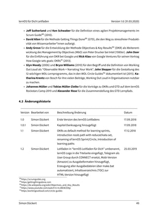 lernOS für Dich Leitfaden Version 1.6 (31.03.2020)
• Jeff Sutherland und Ken Schwaber für die Definition eines agilen Projektmanagements im
Scrum Guide88 (2010).
• David Allen für die Methode Getting Things Done89 (GTD), die den Weg zu stressfreier Produkti-
vität von Wissensarbeiter*innen aufzeigt.
• Andy Grove für die Entwicklung der Methode Objectives & Key Results90 (OKR) als Weiterent-
wicklung des Management by Objectives (MbO) von Peter Drucker bei Intel (1980er). John Doer
für die Einführung von OKR bei Google und Rick Klau von Google Ventures für seinen Vortrag
How Google sets goals: OKRs91 (2013).
• Glyn Moody (2006) und Bryce Williams (2010) für den Begriff und die Definition von Working
Out Loud als “Observable Work + Narrating Your Work”. John Stepper für die Gestaltung des
12-wöchigen WOL-Lernprogramms, das in den WOL Circle Guides92 dokumentiert ist (2015). Ka-
tharina Krentz von Bosch für ihre vielen Beiträge, Working Out Loud in Organisationen nutzbar
zu machen.
• Johannes Müller und Tobias Müller-Zielke für die Vorträge zu OKRs und GTD auf dem lernOS
Rockstars Camp 2019 und Alexander Rose für die Zusammenstellung des GTD Lernpfads.
4.3 Änderungshistorie
Version Bearbeitet von Beschreibung Änderung Datum
1.0 Simon Dückert Erste Version des lernOS Leitfadens 17.09.2018
1.0.1 Simon Dückert Kapitel Danksagung hinzugefügt 17.09.2018
1.1 Simon Dückert OKRs as default method for learning sprints,
introduction noob path with reduced kata set,
renaming of lernOS Sprint/Circle, Introduction of
learning paths
17.12.2018
1.2 Simon Dückert Leitfaden in “lernOS Leitfaden für Dich” umbenannt,
lernOS Logo in die Titelseite eingefügt, Telegram als
User Group durch CONNECT ersetzt, Mobi-Version
(Amazon) zu Ausgabeformaten hinzugefügt,
Erzeugung aller Ausgabedateien über make.bat
automatisiert, Inhaltsverzeichnis (TOC) zur
HTML-Version hinzugefügt
25.03.2019
88
https://scrumguides.org
89
https:/gettingthingsdone.com
90
https://de.wikipedia.org/wiki/Objectives_and_Key_Results
91
https://www.youtube.com/watch?v=mJB83EZtAjc
92
https:/workingoutloud.com/circle-guides
Simon Dückert 49
 