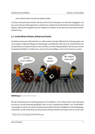 lernOS für Dich Leitfaden Version 1.6 (31.03.2020)
einen weiteren Sprint zusammen bleiben wollen.
In Schule und Hochschule wird der Takt des Lernens durch Schuljahre und Semester vorgegeben. Um
das Lernen danach selbstorganisiert zu stukturieren, werden die lernOS Sprints im Extremfall bis zum
eigenen Lebensende eingeplant (von der Wiege bis zur Bahre), so wie das auch schon Peter Drucker6
praktiziert hat.
2.2 lernOS Wheel: Mindset, Skillset und Toolset
Die Beherrschung der VUCA-Welt des 21. Jahrhunderts erfordert Offenheit für Veränderungen und
neue Ansätze. Es gibt eine Menge von Werkzeugen und Methoden. Aber wenn du nicht offen bist, sie
auszuprobieren, zu experimentieren und zu scheitern, wird der Erfolg ausbleiben. Wie die Leute mit den
“quadratischen Rädern” im Bild unten, sind wir oft zu beschäftigt, um die neuen Chancen zu sehen.
Abbildung 2: lernOS Wheel People
Bei der Anwendung neuer Handlungsweisen im Privatleben, in der Schule oder in der Arbeit geht
es nicht nur um die Verwendung digitaler Tools. Um von “quadratischen Rädern” auf “runde Räder”
umzusteigen, musst Du auch deine Einstellung, deine Werte und deine Fähigkeiten in die Überlegungen
einbeziehen. lernOS nennt diese drei Dimensionen Mindset, Skillset und Toolset. Sich nur auf ein oder
6
https://www.inc.com/magazine/19970201/1169.html
Simon Dückert 7
 