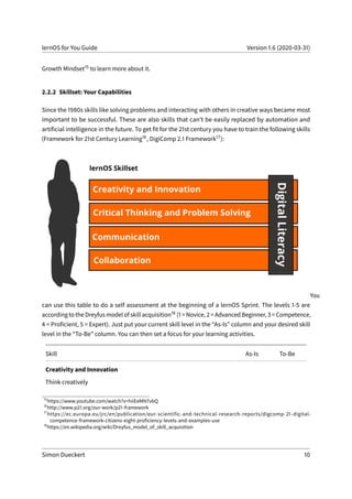 lernOS for You Guide Version 1.6 (2020-03-31)
Growth Mindset15 to learn more about it.
2.2.2 Skillset: Your Capabilities
Since the 1980s skills like solving problems and interacting with others in creative ways became most
important to be successful. These are also skills that can’t be easily replaced by automation and
artificial intelligence in the future. To get fit for the 21st century you have to train the following skills
(Framework for 21st Century Learning16, DigiComp 2.1 Framework17):
You
can use this table to do a self assessment at the beginning of a lernOS Sprint. The levels 1-5 are
according to the Dreyfus model of skill acquisition18 (1 = Novice, 2 = Advanced Beginner, 3 = Competence,
4 = Proficient, 5 = Expert). Just put your current skill level in the “As-Is” column and your desired skill
level in the “To-Be” column. You can then set a focus for your learning activities.
Skill As-Is To-Be
Creativity and Innovation
Think creatively
15
https://www.youtube.com/watch?v=hiiEeMN7vbQ
16
http://www.p21.org/our-work/p21-framework
17
https://ec.europa.eu/jrc/en/publication/eur-scientific-and-technical-research-reports/digcomp-21-digital-
competence-framework-citizens-eight-proficiency-levels-and-examples-use
18
https://en.wikipedia.org/wiki/Dreyfus_model_of_skill_acquisition
Simon Dueckert 10
 