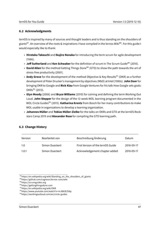 lernOS for You Guide Version 1.5 (2019-12-16)
6.2 Acknowledgments
lernOS is inspired by many of sources and thought leaders and is thus standing on the shoulders of
giants87. An overview of the roots & inspirations I have compiled in the lernos Wiki88. For this guide I
would especially like to thank:
• Hirotaka Takeuchi and Ikujiro Nonaka for introducing the term scrum for agile development
(1986).
• Jeff Sutherland and Ken Schwaber for the definition of scrum in The Scrum Guide89 (2010).
• David Allen for the method Getting Things Done90 (GTD) to show the path towards the art of
stress-free productivity (2001).
• Andy Grove for the development of the method Objective & Key Results91 (OKR) as a further
development of Peter Drucker’s management by objectives (MbO) at Intel (1980s). John Doer for
bringing OKR to Google and Rick Klau from Google Ventures for his talk How Google sets goals:
OKRs92 (2013).
• Glyn Moody (2006) and Bryce Williams (2010) for coining and defining the term Working Out
Loud. John Stepper for the design of the 12-week WOL learning program documented in the
WOL Circle Guides93 (2015). Katharina Krentz from Bosch for her many contributions to make
WOL usable in organizations to develop a learning organization.
• Johannes Müller and Tobias Müller-Zielke for the talks on OKRs and GTD at the lernOS Rock-
stars Camp 2019 and Alexander Rose for compiling the GTD learning path.
6.3 Change History
Version Bearbeitet von Beschreibung Änderung Datum
1.0 Simon Dueckert First Version of the lernOS Guide 2018-09-17
1.0.1 Simon Dueckert Acknowledgement chapter added 2018-09-17
87
https://en.wikipedia.org/wiki/Standing_on_the_shoulders_of_giants
88
https://github.com/cogneon/lernos-core/wiki
89
https://scrumguides.org
90
https://gettingthingsdone.com
91
https://en.wikipedia.org/wiki/OKR
92
https://www.youtube.com/watch?v=mJB83EZtAjc
93
https://workingoutloud.com/en/circle-guides
Simon Dueckert 47
 