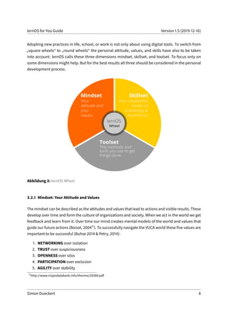 lernOS for You Guide Version 1.5 (2019-12-16)
Adopting new practices in life, school, or work is not only about using digital tools. To switch from
„square wheels“ to „round wheels“ the personal attitude, values, and skills have also to be taken
into account. lernOS calls these three dimensions mindset, skillset, and toolset. To focus only on
some dimensions might help. But for the best results all three should be considered in the personal
development process.
Abbildung 3: lernOS Wheel
3.2.1 Mindset: Your Attitude and Values
The mindset can be described as the attitudes and values that lead to actions and visible results. These
develop over time and form the culture of organizations and society. When we act in the world we get
feedback and learn from it. Over time our mind creates mental models of the world and values that
guide our future actions (Boisot, 200411). To successfully navigate the VUCA world these five values are
important to be successful (Buhse 2014 & Petry, 2014):
1. NETWORKING over isolation
2. TRUST over suspiciousness
3. OPENNESS over silos
4. PARTICIPATION over exclusion
5. AGILITY over stability
11
http://www.rrojasdatabank.info/thermo/20388.pdf
Simon Dueckert 8
 