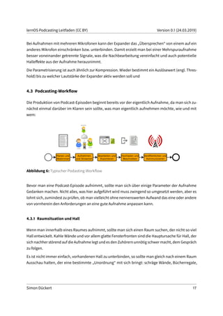 lernOS Podcasting Leitfaden (CC BY) Version 0.1 (24.03.2019)
Bei Aufnahmen mit mehreren Mikrofonen kann der Expander das „Übersprechen“ von einem auf ein
anderes Mikrofon einschränken bzw. unterbinden. Damit erzielt man bei einer Mehrspuraufnahme
besser voneinander getrennte Signale, was die Nachbearbeitung vereinfacht und auch potentielle
Halleffekte aus der Aufnahme herausnimmt.
Die Parametrisierung ist auch ähnlich zur Kompression. Wieder bestimmt ein Auslösewert (engl. Thres-
hold) bis zu welcher Lautstärke der Expander aktiv werden soll und
4.3 Podcasting-Workflow
Die Produktion von Podcast-Episoden beginnt bereits vor der eigentlich Aufnahme, da man sich zu-
nächst einmal darüber im Klaren sein sollte, was man eigentlich aufnehmen möchte, wie und mit
wem:
Abbildung 6: Typischer Podasting-Workflow
Bevor man eine Podcast-Episode aufnimmt, sollte man sich über einige Parameter der Aufnahme
Gedanken machen. Nicht alles, was hier aufgeführt wird muss zwingend so umgesetzt werden, aber es
lohnt sich, zumindest zu prüfen, ob man vielleicht ohne nennenswerten Aufwand das eine oder andere
von vornherein den Anforderungen an eine gute Aufnahme anpassen kann.
4.3.1 Raumsituation und Hall
Wenn man innerhalb eines Raumes aufnimmt, sollte man sich einen Raum suchen, der nicht so viel
Hall entwickelt. Kahle Wände und vor allem glatte Fensterfronten sind die Hauptursache für Hall, der
sich nachher störend auf die Aufnahme legt und es den Zuhörern unnötig schwer macht, dem Gespräch
zu folgen.
Es ist nicht immer einfach, vorhandenen Hall zu unterbinden, so sollte man gleich nach einem Raum
Ausschau halten, der eine bestimmte „Unordnung“ mit sich bringt: schräge Wände, Bücherregale,
Simon Dückert 17
 