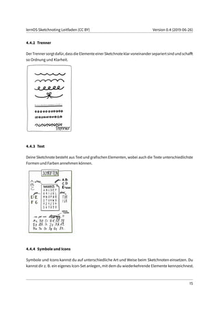 lernOS Sketchnoting Leitfaden (CC BY) Version 0.4 (2019-06-26)
4.4.2 Trenner
Der Trenner sorgt dafür, dass die Elemente einer Sketchnote klar voneinander separiert sind und schafft
so Ordnung und Klarheit.
4.4.3 Text
Deine Sketchnote besteht aus Text und grafischen Elementen, wobei auch die Texte unterschiedlichste
Formen und Farben annehmen können.
4.4.4 Symbole und Icons
Symbole und Icons kannst du auf unterschiedliche Art und Weise beim Sketchnoten einsetzen. Du
kannst dir z. B. ein eigenes Icon-Set anlegen, mit dem du wiederkehrende Elemente kennzeichnest.
15
 