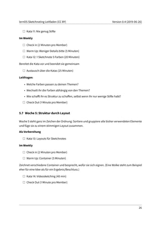 lernOS Sketchnoting Leitfaden (CC BY) Version 0.4 (2019-06-26)
Kata 11: Nie genug Stifte
Im Weekly
Check in (2 Minuten pro Member)
Warm Up: Weniger Details bitte (5 Minuten)
Kata 12: 1 Sketchnote 5 Farben (20 Minuten)
Bereitet die Kata vor und beendet sie gemeinsam
Austausch über die Katas (25 Minuten)
Leitfragen:
• Welche Farben passen zu deinen Themen?
• Wechselt ihr die Farben abhängig von den Themen?
• Wie schafft ihr es Struktur zu schaffen, selbst wenn ihr nur wenige Stifte habt?
Check Out (1 Minute pro Member)
5.7 Woche 5: Struktur durch Layout
Woche 5 steht ganz im Zeichen der Ordnung: Sortiere und gruppiere alle bisher verwendeten Elemente
und füge sie zu einem stimmigen Layout zusammen.
Als Vorbereitung
Kata 13: Layouts für Sketchnotes
Im Weekly
Check in (2 Minuten pro Member)
Warm Up: Container (5 Minuten)
Zeichnet verschiedene Container und besprecht, wofür sie sich eignen. (Eine Wolke steht zum Beispiel
eher für eine Idee als für ein Ergebnis/Beschluss.)
Kata 14: Videosketching (40 min)
Check Out (1 Minute pro Member)
26
 