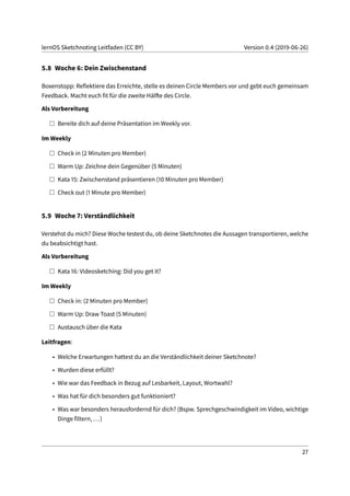 lernOS Sketchnoting Leitfaden (CC BY) Version 0.4 (2019-06-26)
5.8 Woche 6: Dein Zwischenstand
Boxenstopp: Reflektiere das Erreichte, stelle es deinen Circle Members vor und gebt euch gemeinsam
Feedback. Macht euch fit für die zweite Hälfte des Circle.
Als Vorbereitung
Bereite dich auf deine Präsentation im Weekly vor.
Im Weekly
Check in (2 Minuten pro Member)
Warm Up: Zeichne dein Gegenüber (5 Minuten)
Kata 15: Zwischenstand präsentieren (10 Minuten pro Member)
Check out (1 Minute pro Member)
5.9 Woche 7: Verständlichkeit
Verstehst du mich? Diese Woche testest du, ob deine Sketchnotes die Aussagen transportieren, welche
du beabsichtigt hast.
Als Vorbereitung
Kata 16: Videosketching: Did you get it?
Im Weekly
Check in: (2 Minuten pro Member)
Warm Up: Draw Toast (5 Minuten)
Austausch über die Kata
Leitfragen:
• Welche Erwartungen hattest du an die Verständlichkeit deiner Sketchnote?
• Wurden diese erfüllt?
• Wie war das Feedback in Bezug auf Lesbarkeit, Layout, Wortwahl?
• Was hat für dich besonders gut funktioniert?
• Was war besonders herausfordernd für dich? (Bspw. Sprechgeschwindigkeit im Video, wichtige
Dinge filtern, ...)
27
 