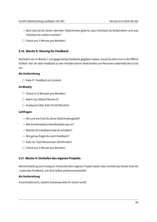 lernOS Sketchnoting Leitfaden (CC BY) Version 0.4 (2019-06-26)
• Was hast du für deine nächsten Sketchnotes gelernt, was möchtest du beibehalten und was
möchtest du anders machen?
Check out (1 Minute pro Member)
5.10 Woche 8: Sharing for Feedback
Nachdem wir in Woche 7 uns gegenseitig Feedback gegeben haben, traust du dich nun in die Öffent-
lichkeit: Hol’ dir aktiv Feedback zu den Inhalten deiner Sketchnotes von Personen außerhalb des Circle
ein.
Als Vorbereitung
Kata 17: Feedback on Content
Im Weekly
Check in (2 Minuten pro Member)
Warm Up: Ablauf (Woche 8)
Austausch über Kata 16 (20 Minuten)
Leitfragen:
• Wo und wie hast du deine Sketchnote geteilt?
• Wie komfortabel/unkomfortabel war es?
• Welche Art Feedback hast du erhalten?
• Wie genau fragst du nach Feedback?
Kata 18: Top5 Ressourcen (20 Minuten)
Check out (1 Minute pro Member)
5.11 Woche 9: Vertiefen des eigenen Projekts
Weichenstellung zum Endspurt: Entwickle dein eigenes Projekt weiter oder vertiefe das bisher Erlernte
- nutze das Feedback, um dich selbst weiterzuentwickeln.
Als Vorbereitung
Entscheidet euch, welche Schwerpunkte ihr setzen wollt:
28
 