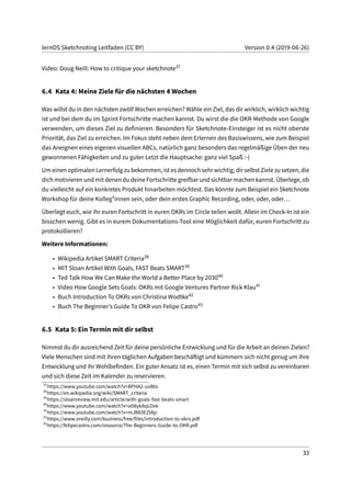 lernOS Sketchnoting Leitfaden (CC BY) Version 0.4 (2019-06-26)
Video: Doug Neill: How to critique your sketchnote37
6.4 Kata 4: Meine Ziele für die nächsten 4 Wochen
Was willst du in den nächsten zwölf Wochen erreichen? Wähle ein Ziel, das dir wirklich, wirklich wichtig
ist und bei dem du im Sprint Fortschritte machen kannst. Du wirst die die OKR-Methode von Google
verwenden, um dieses Ziel zu definieren. Besonders für Sketchnote-Einsteiger ist es nicht oberste
Priorität, das Ziel zu erreichen. Im Fokus steht neben dem Erlernen des Basiswissens, wie zum Beispiel
das Aneignen eines eigenen visuellen ABCs, natürlich ganz besonders das regelmäßige Üben der neu
gewonnenen Fähigkeiten und zu guter Letzt die Hauptsache: ganz viel Spaß :-)
Um einen optimalen Lernerfolg zu bekommen, ist es dennoch sehr wichtig, dir selbst Ziele zu setzen, die
dich motivieren und mit denen du deine Fortschritte greifbar und sichtbar machen kannst. Überlege, ob
du vielleicht auf ein konkretes Produkt hinarbeiten möchtest. Das könnte zum Beispiel ein Sketchnote
Workshop für deine Kolleg*innen sein, oder dein erstes Graphic Recording, oder, oder, oder...
Überlegt euch, wie ihr euren Fortschritt in euren OKRs im Circle teilen wollt. Allein im Check-In ist ein
bisschen wenig. Gibt es in eurem Dokumentations-Tool eine Möglichkeit dafür, euren Fortschritt zu
protokollieren?
Weitere Informationen:
• Wikipedia Artikel SMART Criteria38
• MIT Sloan Artikel With Goals, FAST Beats SMART39
• Ted Talk How We Can Make the World a Better Place by 203040
• Video How Google Sets Goals: OKRs mit Google Ventures Partner Rick Klau41
• Buch Introduction To OKRs von Christina Wodtke42
• Buch The Beginner’s Guide To OKR von Felipe Castro43
6.5 Kata 5: Ein Termin mit dir selbst
Nimmst du dir ausreichend Zeit für deine persönliche Entwicklung und für die Arbeit an deinen Zielen?
Viele Menschen sind mit ihren täglichen Aufgaben beschäftigt und kümmern sich nicht genug um ihre
Entwicklung und ihr Wohlbefinden. Ein guter Ansatz ist es, einen Termin mit sich selbst zu vereinbaren
und sich diese Zeit im Kalender zu reservieren.
37
https://www.youtube.com/watch?v=BPHA2-uxBto
38
https://en.wikipedia.org/wiki/SMART_criteria
39
https://sloanreview.mit.edu/article/with-goals-fast-beats-smart
40
https://www.youtube.com/watch?v=o08ykAqLOxk
41
https://www.youtube.com/watch?v=mJB83EZtAjc
42
https://www.oreilly.com/business/free/files/introduction-to-okrs.pdf
43
https://felipecastro.com/resource/The-Beginners-Guide-to-OKR.pdf
33
 