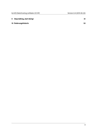 lernOS Sketchnoting Leitfaden (CC BY) Version 0.4 (2019-06-26)
9 Stop talking, start doing! 51
10 Änderungshistorie 53
4
 