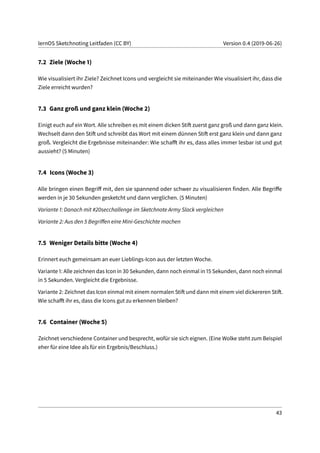 lernOS Sketchnoting Leitfaden (CC BY) Version 0.4 (2019-06-26)
7.2 Ziele (Woche 1)
Wie visualisiert ihr Ziele? Zeichnet Icons und vergleicht sie miteinander Wie visualisiert ihr, dass die
Ziele erreicht wurden?
7.3 Ganz groß und ganz klein (Woche 2)
Einigt euch auf ein Wort. Alle schreiben es mit einem dicken Stift zuerst ganz groß und dann ganz klein.
Wechselt dann den Stift und schreibt das Wort mit einem dünnen Stift erst ganz klein und dann ganz
groß. Vergleicht die Ergebnisse miteinander: Wie schafft ihr es, dass alles immer lesbar ist und gut
aussieht? (5 Minuten)
7.4 Icons (Woche 3)
Alle bringen einen Begriff mit, den sie spannend oder schwer zu visualisieren finden. Alle Begriffe
werden in je 30 Sekunden gesketcht und dann verglichen. (5 Minuten)
Variante 1: Danach mit #20secchallenge im Sketchnote Army Slack vergleichen
Variante 2: Aus den 5 Begriffen eine Mini-Geschichte machen
7.5 Weniger Details bitte (Woche 4)
Erinnert euch gemeinsam an euer Lieblings-Icon aus der letzten Woche.
Variante 1: Alle zeichnen das Icon in 30 Sekunden, dann noch einmal in 15 Sekunden, dann noch einmal
in 5 Sekunden. Vergleicht die Ergebnisse.
Variante 2: Zeichnet das Icon einmal mit einem normalen Stift und dann mit einem viel dickereren Stift.
Wie schafft ihr es, dass die Icons gut zu erkennen bleiben?
7.6 Container (Woche 5)
Zeichnet verschiedene Container und besprecht, wofür sie sich eignen. (Eine Wolke steht zum Beispiel
eher für eine Idee als für ein Ergebnis/Beschluss.)
43
 