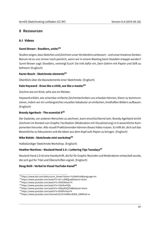 lernOS Sketchnoting Leitfaden (CC BY) Version 0.4 (2019-06-26)
8 Ressourcen
8.1 Videos
Sunni Brown - Doodlers, unite!62
Studienzeigen,dassSketchenundZeichnenunserVerständnisverbessert–undunserkreativesDenken.
Warum ist es uns immer noch peinlich, wenn wir in einem Meeting beim Doodeln ertappt werden?
Sunni Brown sagt: Doodlers, vereinigt Euch! Sie tritt dafür ein, Dein Gehirn mit Papier und Stift zu
befreien! (Englisch)
Karen Bosch - Sketchnote elements63
Überblick über die Basiselemente einer Sketchnote. (Englisch)
Kate Hayward - Draw like a child, see like a master64
Zeichne wie ein Kind, sehe wie ein Meister.
Hayward erklärt, wie scheinbar einfache Zeichentechniken uns erlauben können, klarer zu kommuni-
zieren, indem wir ein umfangreiches visuelles Vokabular an einfachen, kindhaften Bildern aufbauen.
(Englisch)
Brandy Agerbeck - The essential 865
Der Gedanke, vor anderen Menschen zu zeichnen, kann einschüchternd sein. Brandy Agerbeck bricht
Zeichnen im Kontext von Graphic Facilitation (Moderation mit Visualisierung) in 8 wesentliche Kom-
ponenten herunter. Alle visuell Praktizierenden können dieses Video nutzen. Es hilft dir, dich auf das
Wesentliche zu fokussieren und die Ideen aus dem Kopf aufs Papier zu bringen. (Englisch)
Mike Rohde - Sketchnote mini workshop66
Halbstündiger Sketchnote Workshop. (Englisch)
Heather Martinez - Neuland Hand 2.0 :: Lettering Tips Tuesdays67
Neuland Hand 2.0 ist eine Handschrift, die für für Graphic Recorder und Moderatoren entwickelt wurde,
die sich gut für Titel und Überschriften eignet. (Englisch)
Doug Neill - Verbal to Visual YouTube-Kanal68
62
https://www.ted.com/talks/sunni_brown?share=11cb8401a9&language=en
63
https://www.youtube.com/watch?v=sH-sJXMQjro&feature=share
64
https://www.youtube.com/watch?v=ZA92l6KwuT4
65
https://www.youtube.com/watch?v=3sXsXveYQtc
66
https://www.youtube.com/watch?v=39Xq4tSQ31A&feature=share
67
https://www.youtube.com/watch?v=0O8PoYsxaT4
68
https://www.youtube.com/channel/UCuFm4ARxn306lX_OWMnz0-w
47
 