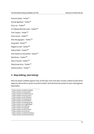 lernOS Sketchnoting Leitfaden (CC BY) Version 0.4 (2019-06-26)
Marianne Rady - Twitter97
Brandy Agerbeck - Twitter98
Gary Lau - Twitter99
Dr. Makayla Miranda Lewis - Twitter100
Prof. Clayton - Twitter101
Diana Soriat - Twitter102
Marc Bourguignon - Twitter103
Doug Neill - Twitter104
Magalie Le Gall - Twitter105
Nadine Roßa - Twitter106
Prof. Katharina Theis Bröhl - Twitter107
Rob Dimeo - Twitter108
Mauro Tosselli - Twitter109
Sketchnote Army - Twitter110
Katharina Blum - Twitter111
9 Stop talking, start doing!
Wenn Du diesen Leitfaden gelesen hast, lernOS aber noch nicht aktiv umsetzt, solltest Du jetzt damit
beginnen! Mit lernOS zu starten ist wirklich einfach. Diese fünf Schritte werden Dir beim reibungslosen
Start helfen:
97
https://twitter.com/MarianneRady
98
https://twitter.com/loosetooth
99
https://twitter.com/PastorGaryLau
100
https://twitter.com/maccymacx
101
https://twitter.com/ProfClayton
102
https://twitter.com/DianaSoriat
103
https://twitter.com/100978Marc
104
https://twitter.com/douglaspneill
105
https://twitter.com/magalielegall
106
https://twitter.com/nadrosia
107
https://twitter.com/theiskbt
108
https://twitter.com/Rob_Dimeo
109
https://twitter.com/xLontrax
110
https://twitter.com/SketchnoteArmy
111
https://twitter.com/kuestenkonfetti
51
 
