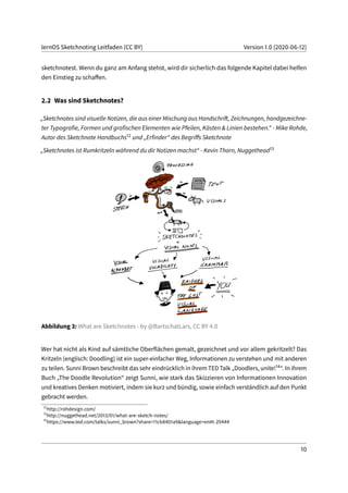 lernOS Sketchnoting Leitfaden (CC BY) Version 1.0 (2020-06-12)
sketchnotest. Wenn du ganz am Anfang stehst, wird dir sicherlich das folgende Kapitel dabei helfen
den Einstieg zu schaffen.
2.2 Was sind Sketchnotes?
„Sketchnotes sind visuelle Notizen, die aus einer Mischung aus Handschrift, Zeichnungen, handgezeichne-
ter Typografie, Formen und grafischen Elementen wie Pfeilen, Kästen & Linien bestehen.“ - Mike Rohde,
Autor des Sketchnote Handbuchs12 und „Erfinder“ des Begriffs Sketchnote
„Sketchnotes ist Rumkritzeln während du dir Notizen machst“ - Kevin Thorn, Nuggethead13
Abbildung 3: What are Sketchnotes - by @BartschatLars, CC BY 4.0
Wer hat nicht als Kind auf sämtliche Oberflächen gemalt, gezeichnet und vor allem gekritzelt? Das
Kritzeln (englisch: Doodling) ist ein super-einfacher Weg, Informationen zu verstehen und mit anderen
zu teilen. Sunni Brown beschreibt das sehr eindrücklich in ihrem TED Talk „Doodlers, unite!14“. In ihrem
Buch „The Doodle Revolution“ zeigt Sunni, wie stark das Skizzieren von Informationen Innovation
und kreatives Denken motiviert, indem sie kurz und bündig, sowie einfach verständlich auf den Punkt
gebracht werden.
12
http://rohdesign.com/
13
http://nuggethead.net/2013/01/what-are-sketch-notes/
14
https://www.ted.com/talks/sunni_brown?share=11cb8401a9&language=en#t-29444
10
 