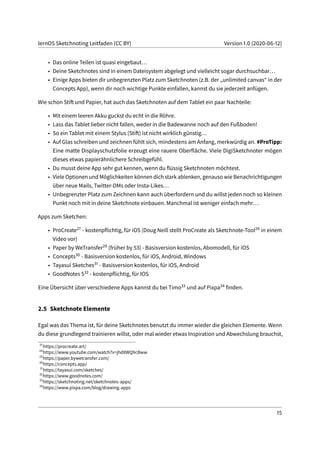 lernOS Sketchnoting Leitfaden (CC BY) Version 1.0 (2020-06-12)
• Das online Teilen ist quasi eingebaut...
• Deine Sketchnotes sind in einem Dateisystem abgelegt und vielleicht sogar durchsuchbar...
• Einige Apps bieten dir unbegrenzten Platz zum Sketchnoten (z.B. der „unlimited canvas“ in der
Concepts App), wenn dir noch wichtige Punkte einfallen, kannst du sie jederzeit anfügen.
Wie schon Stift und Papier, hat auch das Sketchnoten auf dem Tablet ein paar Nachteile:
• Mit einem leeren Akku guckst du echt in die Röhre.
• Lass das Tablet lieber nicht fallen, weder in die Badewanne noch auf den Fußboden!
• So ein Tablet mit einem Stylus (Stift) ist nicht wirklich günstig...
• Auf Glas schreiben und zeichnen fühlt sich, mindestens am Anfang, merkwürdig an. #ProTipp:
Eine matte Displayschutzfolie erzeugt eine rauere Oberfläche. Viele DigiSketchnoter mögen
dieses etwas papierähnlichere Schreibgefühl.
• Du musst deine App sehr gut kennen, wenn du flüssig Sketchnoten möchtest.
• Viele Optionen und Möglichkeiten können dich stark ablenken, genauso wie Benachrichtigungen
über neue Mails, Twitter-DMs oder Insta-Likes...
• Unbegrenzter Platz zum Zeichnen kann auch überfordern und du willst jeden noch so kleinen
Punkt noch mit in deine Sketchnote einbauen. Manchmal ist weniger einfach mehr...
Apps zum Sketchen:
• ProCreate27 - kostenpflichtig, für iOS (Doug Neill stellt ProCreate als Sketchnote-Tool28 in einem
Video vor)
• Paper by WeTransfer29 (früher by 53) - Basisversion kostenlos, Abomodell, für iOS
• Concepts30 - Basisversion kostenlos, für iOS, Android, Windows
• Tayasui Sketches31 - Basisversion kostenlos, für iOS, Android
• GoodNotes 532 - kostenpflichtig, für IOS
Eine Übersicht über verschiedene Apps kannst du bei Timo33 und auf Pixpa34 finden.
2.5 Sketchnote Elemente
Egal was das Thema ist, für deine Sketchnotes benutzt du immer wieder die gleichen Elemente. Wenn
du diese grundlegend trainieren willst, oder mal wieder etwas Inspiration und Abwechslung brauchst,
27
https://procreate.art/
28
https://www.youtube.com/watch?v=jhd8WQ9cBww
29
https://paper.bywetransfer.com/
30
https://concepts.app/
31
https://tayasui.com/sketches/
32
https://www.goodnotes.com/
33
https://sketchnoting.net/sketchnotes-apps/
34
https://www.pixpa.com/blog/drawing-apps
15
 