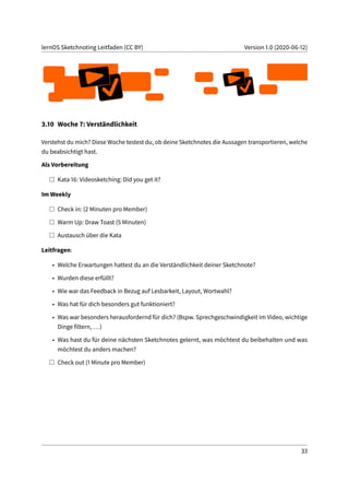 lernOS Sketchnoting Leitfaden (CC BY) Version 1.0 (2020-06-12)
3.10 Woche 7: Verständlichkeit
Verstehst du mich? Diese Woche testest du, ob deine Sketchnotes die Aussagen transportieren, welche
du beabsichtigt hast.
Als Vorbereitung
Kata 16: Videosketching: Did you get it?
Im Weekly
Check in: (2 Minuten pro Member)
Warm Up: Draw Toast (5 Minuten)
Austausch über die Kata
Leitfragen:
• Welche Erwartungen hattest du an die Verständlichkeit deiner Sketchnote?
• Wurden diese erfüllt?
• Wie war das Feedback in Bezug auf Lesbarkeit, Layout, Wortwahl?
• Was hat für dich besonders gut funktioniert?
• Was war besonders herausfordernd für dich? (Bspw. Sprechgeschwindigkeit im Video, wichtige
Dinge filtern, ...)
• Was hast du für deine nächsten Sketchnotes gelernt, was möchtest du beibehalten und was
möchtest du anders machen?
Check out (1 Minute pro Member)
33
 