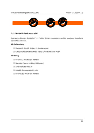 lernOS Sketchnoting Leitfaden (CC BY) Version 1.0 (2020-06-12)
3.13 Woche 10: Spaß muss sein!
Oder auch: „Blamiere dich täglich“ :-) - Probier’ dich am Improvisieren und der spontanen Darstellung
deiner Assoziationen.
Als Vorbereitung
Überleg dir Begriffe für Kata 22: Montagsmaler
Kata 21: Reflexions-Sketchnote (Teil 2) „Der strukturierte Pfad“
Im Weekly
Check in (2 Minuten pro Member)
Warm Up: Figuren in Aktion (5 Minuten)
Austausch über Kata 21
Kata 22: Montagsmaler (25 min)
Check out (1 Minute pro Member)
36
 