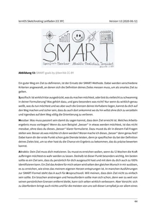 lernOS Sketchnoting Leitfaden (CC BY) Version 1.0 (2020-06-12)
Abbildung 13: SMART goals by @ben1kk CC-BY
Ein guter Weg ein Ziel zu definieren, ist der Einsatz der SMART-Methode. Dabei werden verschiedene
Kriterien angewandt, an denen sich die Definition deines Zieles messen muss, um als smartes Ziel zu
gelten.
Spezifisch:Istwirklichklarausgedrückt,wasdumachenmöchtest,oderbistduvielleichtzuschwammig
in deiner Formulierung? Was gehört dazu, und ganz besonders was nicht? Nur wenn du wirklich genau
weißt, was du tun möchtest und wo aber auch die Grenzen deines Vorhabens liegen, kannst du dich auf
den Weg machen und sicher sein, dass du auch dort ankommst wo du hin willst ohne dich zu verzetteln
und irgendwo auf dem Weg völlig die Orientierung zu verlieren.
Messbar: Was muss passiert sein damit du sagen kannst, dass dein Ziel erreicht ist. Welches Arbeits-
ergebnis muss vorliegen? Wenn du zum Beispiel „besser“ in etwas werden möchtest, ist das nicht
messbar, ohne dass du dieses „besser“ klarer formulierst. Dazu musst du dir in diesem Fall Fragen
stellen wie: Besser als was möchte ich denn werden? Woran mache ich dieses „besser“ denn genau fest?
Dabei kann dir der erste Punkt schon gute Dienste leisten, denn je spezifischer du bei der Definition
deines Zieles bist, um so eher hast du die Chance ein Ergebnis zu bekommen, das du präzise bewerten
kannst.
Attraktiv: Dein Ziel muss dich motivieren. Du musst es erreichen wollen, wenn du 12 Wochen die Kraft
aufbringen möchtest es wahr werden zu lassen. Deshalb ist dieser Punkt besonders wichtig. Am besten
sollte es ein Ziel sein, dass du persönlich für dich ausgesucht hast und mit dem du dich auch zu 100%
identifizierenkann.EinZieldasAnderefürmichsetzenwirdseltendengleichenWunschinmirauslösen,
es zu erreichen, wie eines das meinem eigenen Herzen entsprungen ist. In manchen Ausführungen
zur SMART-Formel steht das A auch für Anspruchsvoll. Will meinen, dass dein Ziel nicht zu einfach
sein sollte. Ein bisschen anstrengen und herausfordern sollte man sich schon, denn wer zu weit von
seinen persönlichen Grenzen entfernt bleibt, kann sich selten wirklich verbessern. Aber Vorsicht: sich
zu überfordern bringt auch nichts und für die meisten von uns soll dieser Lernpfad ja vor allem eines
44
 