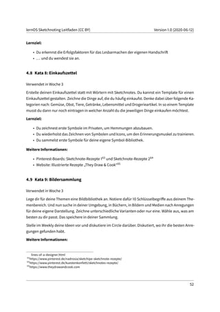 lernOS Sketchnoting Leitfaden (CC BY) Version 1.0 (2020-06-12)
Lernziel:
• Du erkennst die Erfolgsfaktoren für das Lesbarmachen der eigenen Handschrift
• ... und du wendest sie an.
4.8 Kata 8: Einkaufszettel
Verwendet in Woche 3
Erstelle deinen Einkaufszettel statt mit Wörtern mit Sketchnotes. Du kannst ein Template für einen
Einkaufszettel gestalten. Zeichne die Dinge auf, die du häufig einkaufst. Denke dabei über folgende Ka-
tegorien nach: Gemüse, Obst, Tiere, Getränke, Lebensmittel und Drogerieartikel. In so einem Template
musst du dann nur noch eintragen in welcher Anzahl du die jeweiligen Dinge einkaufen möchtest.
Lernziel:
• Du zeichnest erste Symbole im Privaten, um Hemmungen abzubauen.
• Du wiederholst das Zeichnen von Symbolen und Icons, um den Erinnerungsmuskel zu trainieren.
• Du sammelst erste Symbole für deine eigene Symbol-Bibliothek.
Weitere Informationen:
• Pinterest-Boards: Sketchnote-Rezepte 163 und Sketchnote-Rezepte 264
• Website: Illustrierte Rezepte „They Draw & Cook“65
4.9 Kata 9: Bildersammlung
Verwendet in Woche 3
Lege dir für deine Themen eine Bildbibliothek an. Notiere dafür 10 Schlüsselbegriffe aus deinem The-
menbereich. Und nun suche in deiner Umgebung, in Büchern, in Bildern und Medien nach Anregungen
für deine eigene Darstellung. Zeichne unterschiedliche Varianten oder nur eine. Wähle aus, was am
besten zu dir passt. Das speichere in deiner Sammlung.
Stelle im Weekly deine Ideen vor und diskutiere im Circle darüber. Diskutiert, wo ihr die besten Anre-
gungen gefunden habt.
Weitere Informationen:
lines-of-a-designer.html
63
https://www.pinterest.de/nadrosia/sketchipe-sketchnote-rezepte/
64
https://www.pinterest.de/kuestenkonfetti/sketchnotes-rezepte/
65
https://www.theydrawandcook.com
52
 