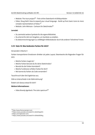 lernOS Sketchnoting Leitfaden (CC BY) Version 1.0 (2020-06-12)
• Website: The noun project66 - freie online-Datenbank mit Bildsymbolen
• Video: Doug Neill: How to expand your visual language - Build up from basic icons to more
complex representations of ideas.67
• Website: John Atkinson - Cartoons for Sketchnotes68
Lernziel:
• Du sammelst weitere Symbole für die eigene Bibliothek.
• Du erlernst für dich ein Vorgehen, um Symbole zu erstellen.
• Du bekommst Anregungen zu vielfältigem Bildvokabular durch die anderen Teilnehmer*innen.
4.10 Kata 10: Was bedeuten Farben für dich?
Verwendet in Woche 4
Farben transportieren Emotionen direkter als jedes Layout. Beantworte die folgenden Fragen für
dich.
• Welche Farben magst du?
• Welche Farben benutzt du für deine Sketchnotes?
• Benutzt du die Farben konsistent?
• Welche Funktionen erfüllen Farben für dich?
• Wie kannst du Farben als Code verwenden?
Tauscht euch über die Ergebnisse aus.
Gibt es Unterschiede in der Wahrnehmung?
Ändert sich daraus etwas für dich?
Weitere Informationen:
• Video Brandy Agerbeck: The color spectrum69
66
http://www.thenounproject.com
67
https://www.youtube.com/watch?v=z8UkHGpykYU
68
https://wronghands1.com/
69
https://www.youtube.com/watch?v=s5h0wOtEWcg
53
 