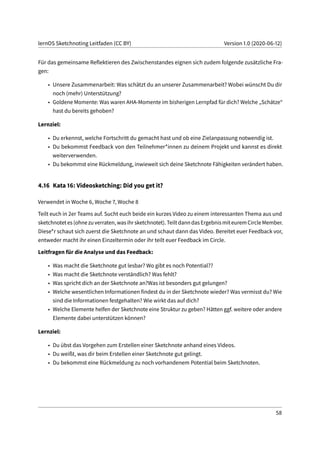 lernOS Sketchnoting Leitfaden (CC BY) Version 1.0 (2020-06-12)
Für das gemeinsame Reflektieren des Zwischenstandes eignen sich zudem folgende zusätzliche Fra-
gen:
• Unsere Zusammenarbeit: Was schätzt du an unserer Zusammenarbeit? Wobei wünscht Du dir
noch (mehr) Unterstützung?
• Goldene Momente: Was waren AHA-Momente im bisherigen Lernpfad für dich? Welche „Schätze“
hast du bereits gehoben?
Lernziel:
• Du erkennst, welche Fortschritt du gemacht hast und ob eine Zielanpassung notwendig ist.
• Du bekommst Feedback von den Teilnehmer*innen zu deinem Projekt und kannst es direkt
weiterverwenden.
• Du bekommst eine Rückmeldung, inwieweit sich deine Sketchnote Fähigkeiten verändert haben.
4.16 Kata 16: Videosketching: Did you get it?
Verwendet in Woche 6, Woche 7, Woche 8
Teilt euch in 2er Teams auf. Sucht euch beide ein kurzes Video zu einem interessanten Thema aus und
sketchnotetes(ohnezuverraten,wasihrsketchnotet).TeiltdanndasErgebnismiteuremCircleMember.
Diese*r schaut sich zuerst die Sketchnote an und schaut dann das Video. Bereitet euer Feedback vor,
entweder macht ihr einen Einzeltermin oder ihr teilt euer Feedback im Circle.
Leitfragen für die Analyse und das Feedback:
• Was macht die Sketchnote gut lesbar? Wo gibt es noch Potential??
• Was macht die Sketchnote verständlich? Was fehlt?
• Was spricht dich an der Sketchnote an?Was ist besonders gut gelungen?
• Welche wesentlichen Informationen findest du in der Sketchnote wieder? Was vermisst du? Wie
sind die Informationen festgehalten? Wie wirkt das auf dich?
• Welche Elemente helfen der Sketchnote eine Struktur zu geben? Hätten ggf. weitere oder andere
Elemente dabei unterstützen können?
Lernziel:
• Du übst das Vorgehen zum Erstellen einer Sketchnote anhand eines Videos.
• Du weißt, was dir beim Erstellen einer Sketchnote gut gelingt.
• Du bekommst eine Rückmeldung zu noch vorhandenem Potential beim Sketchnoten.
58
 