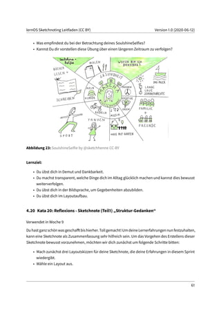 lernOS Sketchnoting Leitfaden (CC BY) Version 1.0 (2020-06-12)
• Was empfindest du bei der Betrachtung deines SoulshineSelfies?
• Kannst Du dir vorstellen diese Übung über einen längeren Zeitraum zu verfolgen?
Abbildung 23: SoulshineSelfie by @sketchhenne CC-BY
Lernziel:
• Du übst dich in Demut und Dankbarkeit.
• Du machst transparent, welche Dinge dich im Alltag glücklich machen und kannst dies bewusst
weiterverfolgen.
• Du übst dich in der Bildsprache, um Gegebenheiten abzubilden.
• Du übst dich im Layoutaufbau.
4.20 Kata 20: Reflexions - Sketchnote (Teil1) „Struktur-Gedanken“
Verwendet in Woche 9
Duhastganzschönwasgeschafftbishierher.Tollgemacht!UmdeineLernerfahrungennunfestzuhalten,
kann eine Sketchnote als Zusammenfassung sehr hilfreich sein. Um das Vorgehen des Erstellens dieser
Sketchnote bewusst vorzunehmen, möchten wir dich zunächst um folgende Schritte bitten:
• Mach zunächst drei Layoutskizzen für deine Sketchnote, die deine Erfahrungen in diesem Sprint
wiedergibt.
• Wähle ein Layout aus.
61
 