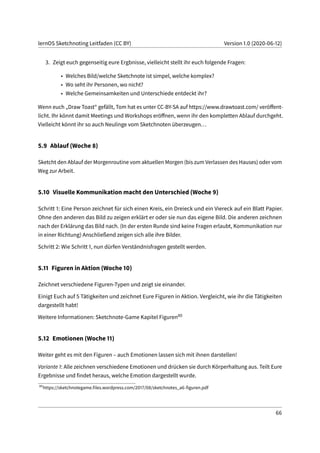 lernOS Sketchnoting Leitfaden (CC BY) Version 1.0 (2020-06-12)
3. Zeigt euch gegenseitig eure Ergbnisse, vielleicht stellt ihr euch folgende Fragen:
• Welches Bild/welche Sketchnote ist simpel, welche komplex?
• Wo seht ihr Personen, wo nicht?
• Welche Gemeinsamkeiten und Unterschiede entdeckt ihr?
Wenn euch „Draw Toast“ gefällt, Tom hat es unter CC-BY-SA auf https://www.drawtoast.com/ veröffent-
licht. Ihr könnt damit Meetings und Workshops eröffnen, wenn ihr den kompletten Ablauf durchgeht.
Vielleicht könnt ihr so auch Neulinge vom Sketchnoten überzeugen...
5.9 Ablauf (Woche 8)
Sketcht den Ablauf der Morgenroutine vom aktuellen Morgen (bis zum Verlassen des Hauses) oder vom
Weg zur Arbeit.
5.10 Visuelle Kommunikation macht den Unterschied (Woche 9)
Schritt 1: Eine Person zeichnet für sich einen Kreis, ein Dreieck und ein Viereck auf ein Blatt Papier.
Ohne den anderen das Bild zu zeigen erklärt er oder sie nun das eigene Bild. Die anderen zeichnen
nach der Erklärung das Bild nach. (In der ersten Runde sind keine Fragen erlaubt, Kommunikation nur
in einer Richtung) Anschließend zeigen sich alle ihre Bilder.
Schritt 2: Wie Schritt 1, nun dürfen Verständnisfragen gestellt werden.
5.11 Figuren in Aktion (Woche 10)
Zeichnet verschiedene Figuren-Typen und zeigt sie einander.
Einigt Euch auf 5 Tätigkeiten und zeichnet Eure Figuren in Aktion. Vergleicht, wie ihr die Tätigkeiten
dargestellt habt!
Weitere Informationen: Sketchnote-Game Kapitel Figuren80
5.12 Emotionen (Woche 11)
Weiter geht es mit den Figuren – auch Emotionen lassen sich mit ihnen darstellen!
Variante 1: Alle zeichnen verschiedene Emotionen und drücken sie durch Körperhaltung aus. Teilt Eure
Ergebnisse und findet heraus, welche Emotion dargestellt wurde.
80
https://sketchnotegame.files.wordpress.com/2017/08/sketchnotes_a6-figuren.pdf
66
 