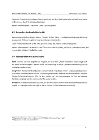 lernOS Sketchnoting Leitfaden (CC BY) Version 1.0 (2020-06-12)
Variante 2: Experimentiert mit dem Gesichtsgenerator aus dem Sketchnote-Spiel und stellt verschiede-
ne Emotionen durch Gesichtsausdrücke dar!
Weitere Informationen: Sketchnote-Game Kapitel Figuren81
5.13 Besondere Merkmale (Woche 12)
Sammelt verschiedene Augen, Nasen, Frisuren, Brillen, Bärte... und weitere Merkmale (Kleidung,
Accessoires). Teilt und vergleicht Eure Sammlungen miteinander.
Spielt eine Runde Mensch-O-Mat oder generiert selbst die Zutaten für skurrile Figuren!
WeitereInformationen:DerMensch-O-Mat82 vonSandraMartin[@Sam_HH](https://twitter.com/sam_HH)
generiert die „Zutaten“ als Zufallsrezept.
5.14 Weitere Warm-Ups zur Auswahl
Äpfel Zeichnet so viele Begriffe wie möglich, die das Wort „Apfel“ enthalten. Oder einigt euch
auf einen anderen Begriff. Weitere Infos: In Anlehnung an https://www.tbd.community/de/a/3-
kreativitaetsuebung-team
Story Cubes Wenn jemand von Euch die Storycubes hat, nutzt diese, um eine kurze visuelle Geschichte
zu erzählen. Alternativ könnt ihr den Zufallswortgenerator für mehrere Wörter oder den für einzelne
Wörter (Substantive) nutzen! Oder die App „Inspire me“, ein Wortgenerator, bei dem auch eigene
Wortlisten angelegt werden können. (Nur für Apple-Geräte).
Kreise Welche Bildsymbole fallen Euch ein, die den Kreis als Grundform enthalten? Zeichnet diese und
vergleicht Eure Ergebnisse! Nutzt gerne die A4 Vorlage PDF mit 15 Kreisen im Anhang.
81
https://sketchnotegame.files.wordpress.com/2017/08/sketchnotes_a6-figuren.pdf
82
https://www.ein-bild.com/menschomat
67
 