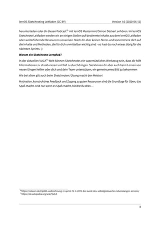lernOS Sketchnoting Leitfaden (CC BY) Version 1.0 (2020-06-12)
herunterladen oder dir diesen Podcast10 mit lernOS Mastermind Simon Dückert anhören. Im lernOS
Sketchnote Leitfaden werden wir an einigen Stellen auf bestimmte Inhalte aus dem lernOS Leitfaden
oder weiterführende Ressourcen verweisen. Mach dir aber keinen Stress und konzentriere dich auf
die Inhalte und Methoden, die für dich unmittelbar wichtig sind - so hast du noch etwas übrig für die
nächsten Sprints. ;)
Warum ein Sketchnote Lernpfad?
In der aktuellen VUCA11-Welt können Sketchnotes ein supernützliches Werkzeug sein, dass dir hilft
Informationen zu strukturieren und tief zu durchdringen. Sie können dir aber auch beim Lernen von
neuen Dingen helfen oder dich und dein Team unterstützen, ein gemeinsames Bild zu bekommen
Wie bei allem gilt auch beim Sketchnoten: Übung macht den Meister!
Motivation, konstruktives Feedback und Zugang zu guten Ressourcen sind die Grundlage für Üben, das
Spaß macht. Und nur wenn es Spaß macht, bleibst du dran...
10
https://colearn.de/clp066-aufzeichnung-cl-sprint-12-4-2019-die-kunst-des-selbstgesteuerten-lebenslangen-lernens/
11
https://de.wikipedia.org/wiki/VUCA
8
 