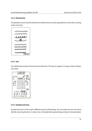 lernOS Sketchnoting Leitfaden (CC BY) Version 0.4 (2019-07-28)
4.4.2 Disconnector
The separator ensures that the elements of a Sketchnote are clearly separated from each other, creating
order and clarity.
4.4.3 Text
Your Sketchnote consists of text and visual elements. The text can appear in a huge variety of shapes
and colors.
4.4.4 Symbols and icons
Symbols and icons can be used in different ways for sketchnoting. You can create your own icon set to
identify recurring elements. A classic icon is the light bulb representing an idea or the exclamation
15
 