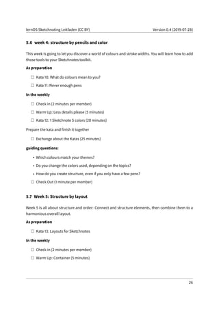 lernOS Sketchnoting Leitfaden (CC BY) Version 0.4 (2019-07-28)
5.6 week 4: structure by pencils and color
This week is going to let you discover a world of colours and stroke widths. You will learn how to add
those tools to your Sketchnotes toolkit.
As preparation
Kata 10: What do colours mean to you?
Kata 11: Never enough pens
In the weekly
Check in (2 minutes per member)
Warm Up: Less details please (5 minutes)
Kata 12: 1 Sketchnote 5 colors (20 minutes)
Prepare the kata and finish it together
Exchange about the Katas (25 minutes)
guiding questions:
• Which colours match your themes?
• Do you change the colors used, depending on the topics?
• How do you create structure, even if you only have a few pens?
Check Out (1 minute per member)
5.7 Week 5: Structure by layout
Week 5 is all about structure and order: Connect and structure elements, then combine them to a
harmonious overall layout.
As preparation
Kata 13: Layouts for Sketchnotes
In the weekly
Check in (2 minutes per member)
Warm Up: Container (5 minutes)
26
 