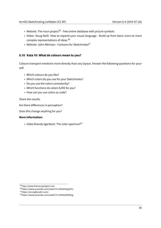lernOS Sketchnoting Leitfaden (CC BY) Version 0.4 (2019-07-28)
• Website: The noun project59 - free online database with picture symbols
• Video: Doug Neill: How to expand your visual language - Build up from basic icons to more
complex representations of ideas.60
• Website: John Atkinson - Cartoons for Sketchnotes61
6.10 Kata 10: What do colours mean to you?
Colours transport emotions more directly than any layout. Answer the following questions for your-
self.
• Which colours do you like?
• Which colors do you use for your Sketchnotes?
• Do you use the colors consistently?
• Which functions do colors fulfill for you?
• How can you use colors as code?
Share the results.
Are there differences in perception?
Does this change anything for you?
More information:
• Video Brandy Agerbeck: The color spectrum62
59
http://www.thenounproject.com
60
https://www.youtube.com/watch?v=z8UkHGpykYU
61
https://wronghands1.com/
62
https://www.youtube.com/watch?v=s5h0wOtEWcg
36
 