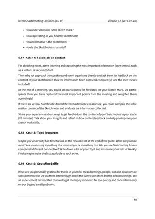 lernOS Sketchnoting Leitfaden (CC BY) Version 0.4 (2019-07-28)
• How understandable is the sketch mark?
• How captivating do you find the Sketchnote?
• How informative is the Sketchnote?
• How is the Sketchnote structured?
6.17 Kata 17: Feedback on content
For sketching notes, active listening and capturing the most important information (core theses), such
as a lecture, is very important.
Then why not approach the speakers and event organisers directly and ask them for feedback on the
content of your sketch note? Has the information been captured completely? Are the core theses
included?
At the end of a meeting, you could ask participants for feedback on your Sketch Mark. Do partic-
ipants think you have captured the most important points from the meeting and weighted them
accordingly?
If there are several Sketchnotes from different Sketchnotes in a lecture, you could compare the infor-
mation content of the Sketchnotes and evaluate the information collected.
Share your experiences about ways to get feedback on the content of your Sketchnotes in your circle
(20 minutes). Talk about your insights and reflect on how content feedback can help you improve your
sketch mark skills.
6.18 Kata 18: Top5 Resources
Maybe you’ve already had time to look at the resource list at the end of the guide. What did you like
most? Are you missing something that inspired you or something that lets you see Sketchnoting from a
completely different perspective? Write down a list of your Top5 and introduce your lists in Weekly.
Find a way to make the lists available to each other.
6.19 Kata 19: SoulshineSelfie
What are you personally grateful for that is in your life? It can be things, people, but also situations or
special memories? Do you think often enough about the sunny side of life and the beautiful things? We
all experience it far too often that we forget the happy moments far too quickly and concentrate only
on our big and small problems.
40
 