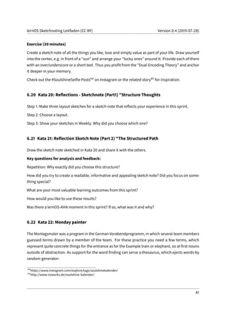 lernOS Sketchnoting Leitfaden (CC BY) Version 0.4 (2019-07-28)
Exercise (30 minutes)
Create a sketch note of all the things you like, love and simply value as part of your life. Draw yourself
into the center, e.g. in front of a “sun” and arrange your “lucky ones” around it. Provide each of them
with an over/underscore or a short text. Thus you profit from the “Dual-Encoding Theory” and anchor
it deeper in your memory.
Check out the #SoulshineSelfie Posts64 on Instagram or the related story65 for inspiration.
6.20 Kata 20: Reflections - Sketchnote (Part1) "Structure Thoughts
Step 1: Make three layout sketches for a sketch note that reflects your experience in this sprint.
Step 2: Choose a layout.
Step 3: Show your sketches in Weekly. Why did you choose which one?
6.21 Kata 21: Reflection Sketch Note (Part 2) "The Structured Path
Draw the sketch note sketched in Kata 20 and share it with the others.
Key questions for analysis and feedback:
Repetition: Why exactly did you choose this structure?
How did you try to create a readable, informative and appealing sketch note? Did you focus on some-
thing special?
What are your most valuable learning outcomes from this sprint?
How would you like to use these results?
Was there a lernOS-AHA moment in this sprint? If so, what was it and why?
6.22 Kata 22: Monday painter
The Montagsmaler was a program in the German Vorabendprogramm, in which several team members
guessed terms drawn by a member of the team. For these practice you need a few terms, which
represent quite concrete things for the entrance as for the Example train or elephant, so at first nouns
outside of abstraction. As support for the word finding can serve a thesaurus, which ejects words by
random generator:
64
https://www.instagram.com/explore/tags/soulshinekalender/
65
http://www.vizworks.de/soulshine-kalender/
41
 