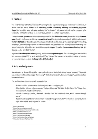 lernOS Sketchnoting Leitfaden (CC BY) Version 0.4 (2019-07-28)
1 Preface
The verb “lernos” is the future tense of “learning” in the Esperanto language (mi lernos = I will learn, ni
lernos = we will learn). lernOS is an operating system for lifelong learning and learning organiza-
tions. But lernOS is not a software package, it’s “brainware”. It is a way to think and act created to be
successful in the 21st century as an individual, a team or a whole organization.
There are three guides that describe the approach on the individual level (lernOS for You), the team
level (lernOS for Teams), and the organizational level (lernOS for Organizations). Additionally there is
the lernOS Toolbox describing commonly used methods and tools (e.g. Podcasting, Expert Debriefing,
Barcamps, Sketchnoting). lernOS is not invented on the green field but a compilation of existing and
tested methods. All guides are available under the open Creative Commons Attribution (CC BY)
license on the lernOS Website1.
If you have further questions regarding lernOS or need peer support you can freely join the commu-
nity platform CONNECT2 or write with #lernOS3 on Twitter. The mastery of lernOS is a matter of months
or years not hours or days. So Keep Calm & Sketch On!
2 Acknowledgments
Many thanks to Simon Dückert for creating lernOS, and his technical and moral support! This guide
was written by: Marjukka Zsagar-Renneberg4, Raffaelina Rossetti5, Benjamin Krüger6, Lars Bartschat7
und Karl Damke8
The authors have been massively supported by:
• Natalia Zlateva (@nataliaoro on instagram): Kata "shopping list
• Mike Meister (@mm_mikemeister on Twitter): Warm Up “Scribble Birds”, Warm Up “Visual Com-
munication Makes the Difference”.
• Sabine Erkens (@Sabine_Erkens on Twitter): Kata “Picture collection”, Kata “#Never enough
pens”
• Katrin Mäntele (@kleinerw4hnsinn on Twitter & Instagram): Kata “Feedback on Content”, Warm
Ups “Procedure” and “Figures in Action”.
1
https://lernos.org
2
https://community.cogneon.de
3
https://twitter.com/search?q=%23lernOS
4
https://twitter.com/m4rjukka
5
https://twitter.com/denkflowrr
6
https://twitter.com/ben1kk
7
https://twitter.com/BartschatLars
8
https://twitter.com/karlcdamke
5
 