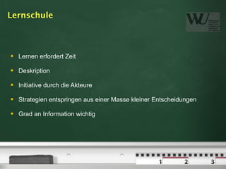 Lernschule



   Lernen erfordert Zeit

   Deskription

   Initiative durch die Akteure

   Strategien entspringen aus einer Masse kleiner Entscheidungen

   Grad an Information wichtig
 